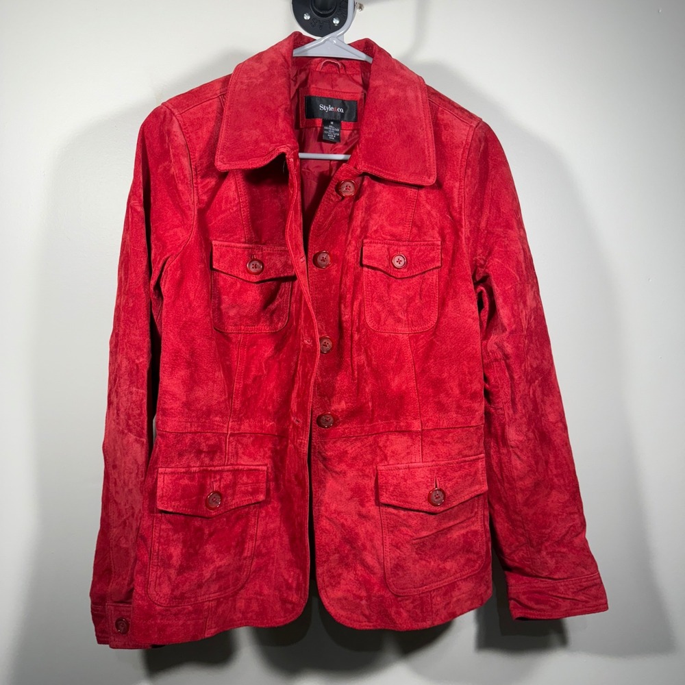 Style & Co. Womens Suede Leather Jacket Red‎ Button Front Pockets M